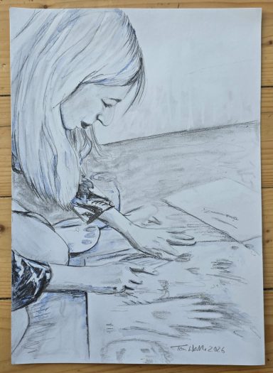 Tom Wallner 2026. Anne. Bleistift und Lapislazuli auf Papier. 20x30cm