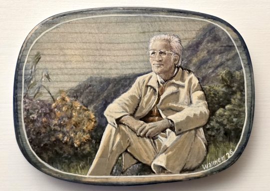 Tom Wallner 2026. Der indische Dichter Arif Naqvi. Leimfarben auf Holz 11 x 8 cm.