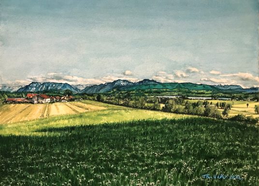Tom Wallner 2022. Sauberg am Waginger See. Acryl- und Wasserfarben auf Papier. 30 x 40 cm. Im Privatbesitz am Entstehungsort.